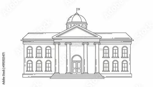 Classic Government Building Facade with Columns and Dome, Architectural Drawing