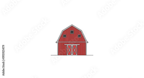 Classic Red Barn with White Doors and Windows on White Background