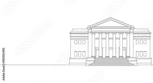 Classical Building Facade with Columns and Pediment, Architectural Line Drawing