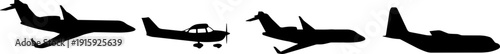 Airplane silhouette vector set, aircraft collection, jet, propeller plane, aviation transport icons, isolated black illustration design element