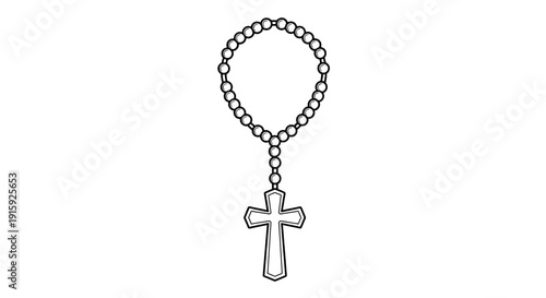 Christian Rosary Beads with Cross Pendant, Religious Catholic Prayer Item, Black and White Line Art