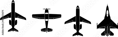 Airplane top view silhouette vector set, aircraft collection, jet, propeller, aviation transport icons, isolated black illustration design element