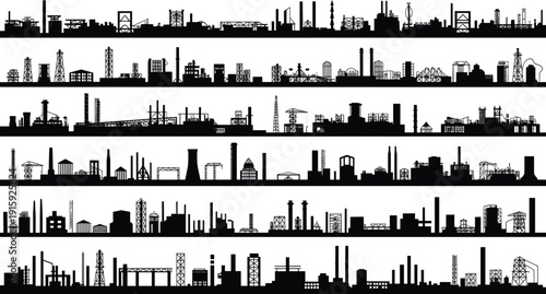 Panoramic silhouette of industrial cityscapes with factories and towers factory skyline