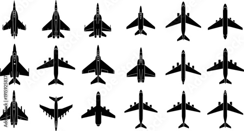 Airplane top view icon set, aircraft silhouette collection, aviation transport symbols, passenger plane vector illustration isolated black design element bundle