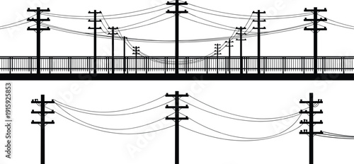Overhead Power Lines on Poles and a Bridge Structure Silhouette electricity poles overhead wires