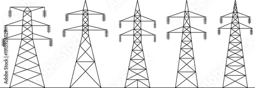 Set of Five Line Art Power Transmission Towers with Insulators power tower electricity pylon