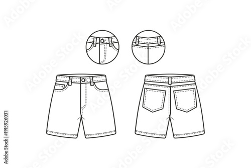Shorts vector illustration with front and back views and waistband details