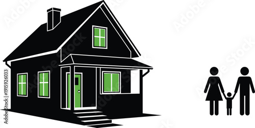 Family Home Silhouette with Parents and Child Standing Together Isolated on White Background Vector Illustration