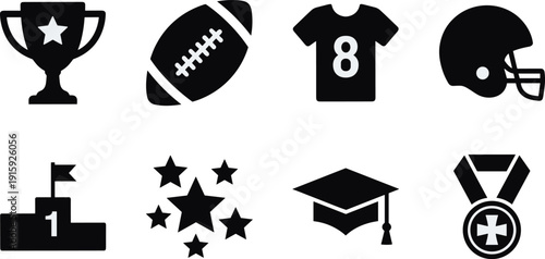 American football icon set, trophy, helmet, jersey, medal symbols, sport championship vector illustration isolated black design collection bundle 