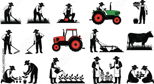 Farmers and Agriculture Silhouette Icons Set with Tractor, Planting, Harvesting, and Livestock Farming Activities