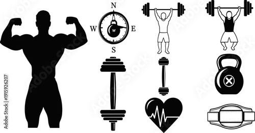 Fitness gym and bodybuilding icon set, weightlifting, barbell, kettlebell, health vector illustration isolated black silhouette design collection symbols bundle