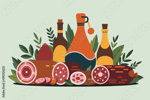 Food illustration of cured meats and wine bottles with leaves