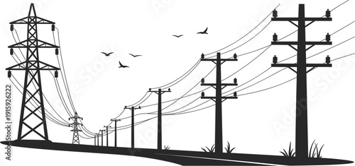 Silhouette of electricity pylons and utility poles with birds flying Keywords: electricity, power lines, pylon, utility pole
