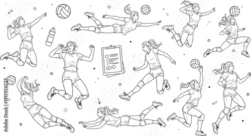 Female Volleyball Player Action Poses Set Vector Illustration Sport Athlete Jump Serve Spike Collection Design