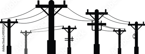Silhouette of multiple utility poles with power lines against white background electricity infrastructure