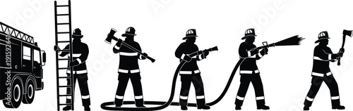 Firefighter silhouettes with fire truck ladder hose axe firefighting rescue emergency response vector illustration set