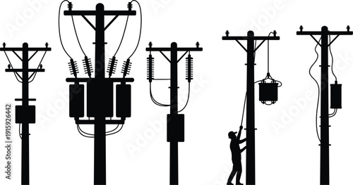Silhouettes of Utility Poles with Transformers and Lineman illustration vector