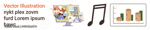 Collaboration tools, digital workspace, creativity, financial analysis, music production, communication. Computer monitor with tasks and people, music note coin stacks chart. Collaboration