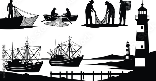 Fishing industry silhouettes with fishermen boats nets lighthouse pier and coastal maritime work scene vector illustration