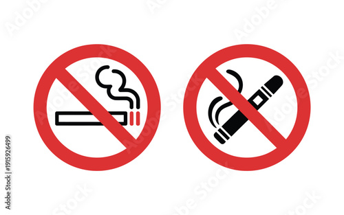 No smoking signs with cigarette and vape icons on beige background