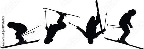 Freestyle Skiing Silhouette Set Vector Illustration Winter Sport Athlete Jump Trick Action Collection Design