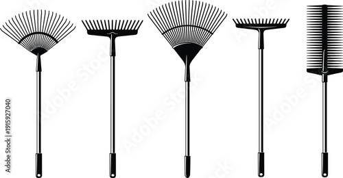 Garden rake silhouette set showing different yard tools for leaf cleanup, landscaping, farming, and outdoor maintenance work