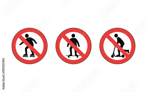 Skateboard and scooter prohibition signs on white background