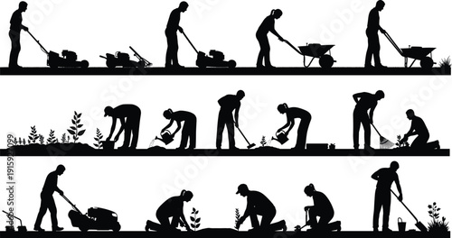Garden work silhouette collection showing mowing, planting, watering, digging, and landscaping activities for home gardening and outdoor maintenance
