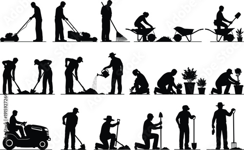 Gardening and Landscaping Worker Silhouette Set Showing Lawn Mowing, Digging, Watering, Planting, and Yard Maintenance Activities in Professional Outdoor Service Illustration