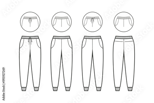 Pants vector illustration with various views and details shown