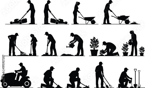 Gardening and Landscaping Worker Silhouette Set with Lawn Mowing, Planting, Watering, and Yard Maintenance Activities