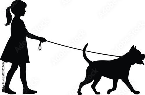 Girl walking dog on leash silhouette showing child pet care outdoor activity and companionship concept