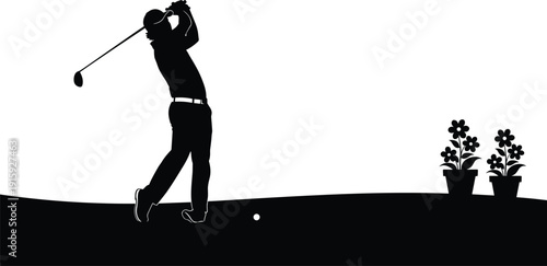 Golfer Swinging Club on Course Silhouette Illustration with Ball, Landscape, and Minimalist Outdoor Scene