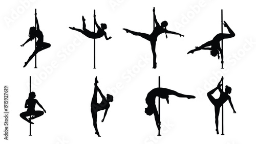 Diverse silhouettes of gymnasts performing various routines on the pole isolated on white background, Vector