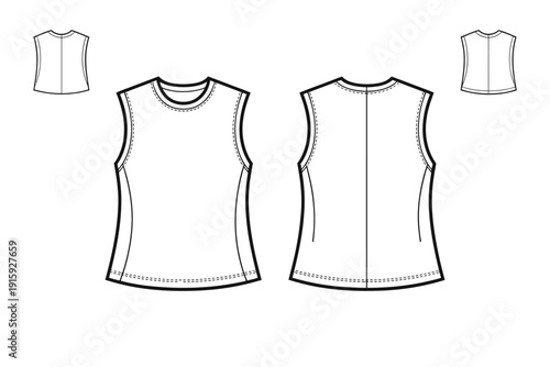 Vest vector illustration with front and back views and two small circular insets