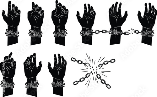 Hands breaking chains freedom concept silhouette vector illustration human rights liberation and independence symbol set