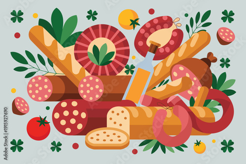Food illustration of various meats and breads in a colorful setting