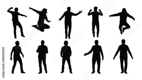 Silhouettes of people dancing in various styles and poses isolated on white background, Vector