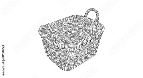 Wicker Basket Outline Drawing, Empty Woven Container with Handle, Isolated on White Background