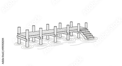 Wooden Pier with Steps and Pilings in Water, Nautical Dock Illustration