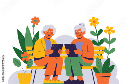 Tablet computer illustration of two elderly women sitting on a bench