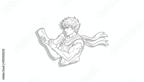 Young man blowing a shofar horn, biblical, ancient, religious, cultural, traditional, celebration, sound, announcement