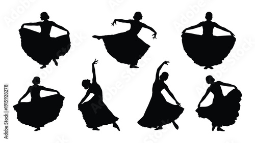 Silhouettes of dancers in various graceful poses and movements. isolated on white background, Vector