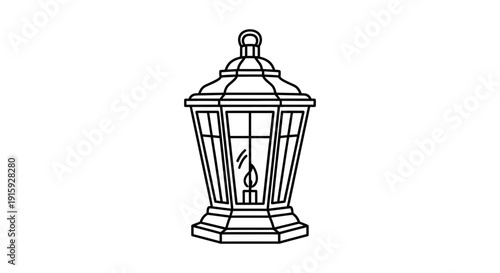 Vintage Lantern with Burning Candle, Outdoor Lighting, Old Fashioned Lamp, Black and White Line Art