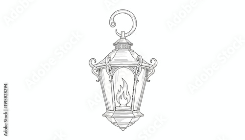 Vintage Lantern with Flame Illustration, Old-Fashioned Light Source Drawing