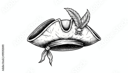 Vintage Pirate Hat with Skull and Feathers - Hand-Drawn Illustration