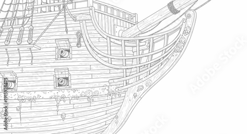 Vintage Sailing Ship Bow Illustration, Detailed Line Art of Old Galleon with Cannons