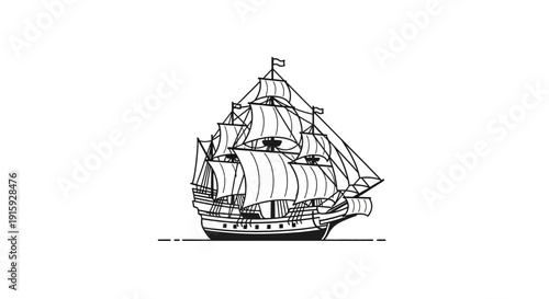 Vintage Sailing Ship Illustration: Majestic Tall Ship with Full Sails on White Background