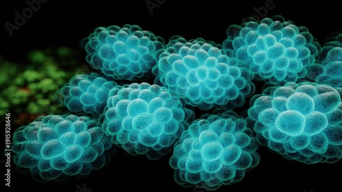 Digital illustration of multiple blue, microscopic spherical structures resembling bacteria or cells, glowing against a dark background.