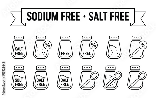 Salt free icon set for food and nutrition labeling purposes online